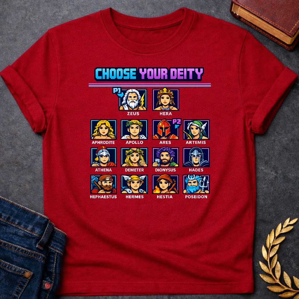 the olympians choose your deity greek mythology youth t shirt featuring detailed Greek mythology artwork, symbolic design, and bold graphic style