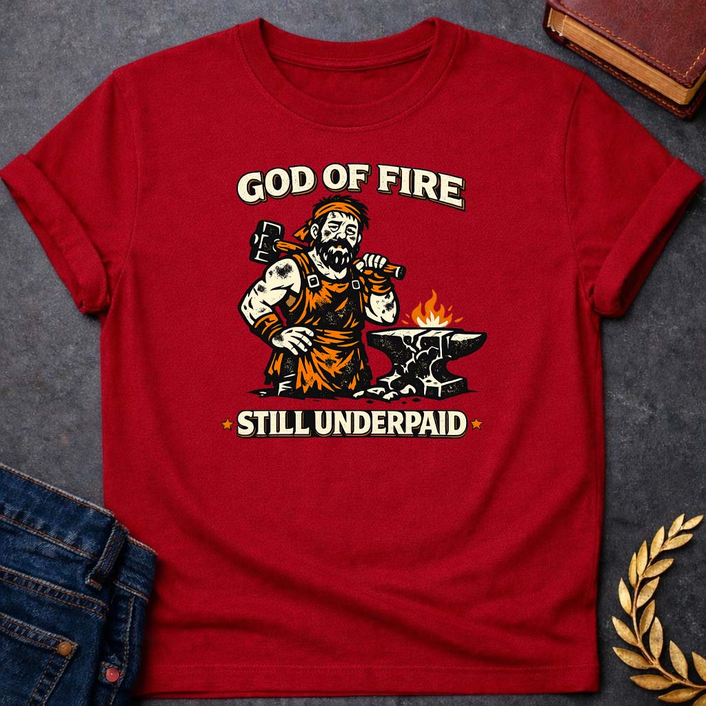 hephaestus god of fire still underpaid greek mythology youth t shirt featuring blacksmith hammer, forge sparks, fire god symbolism in industrial mythology design