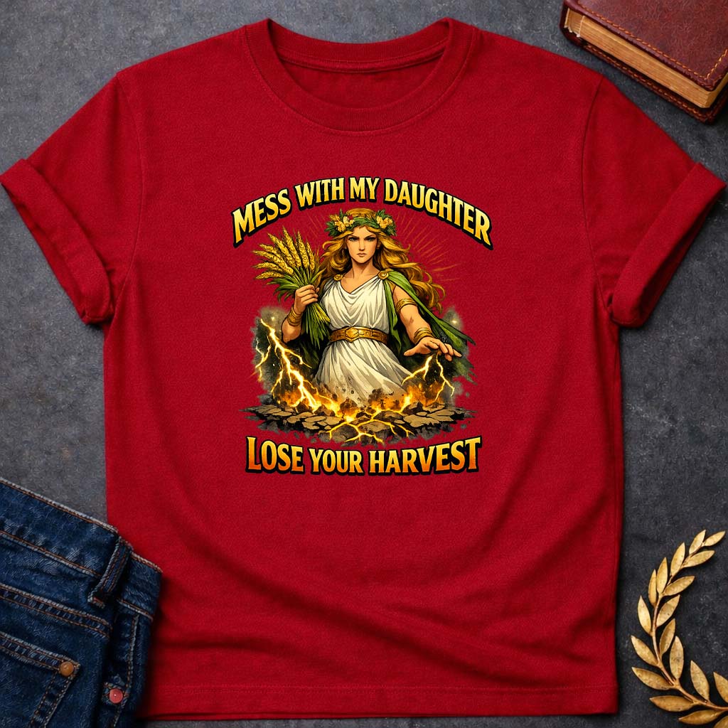 demeter mess with my daughter greek mythology youth t shirt featuring detailed Greek mythology artwork, symbolic design, and bold graphic style
