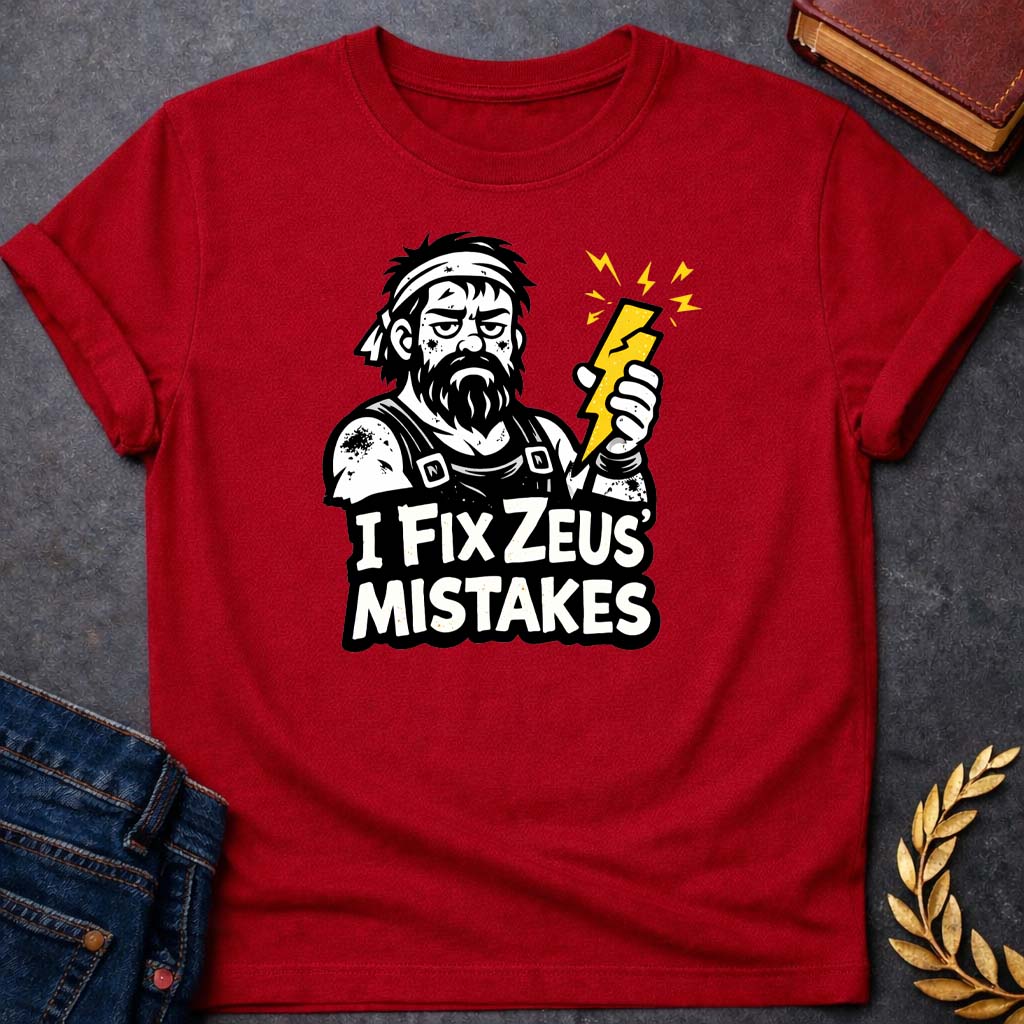 hephaestus i fix zeus mistakes greek mythology youth t shirt featuring lightning bolt, sky god power symbolism in bold Greek mythology design