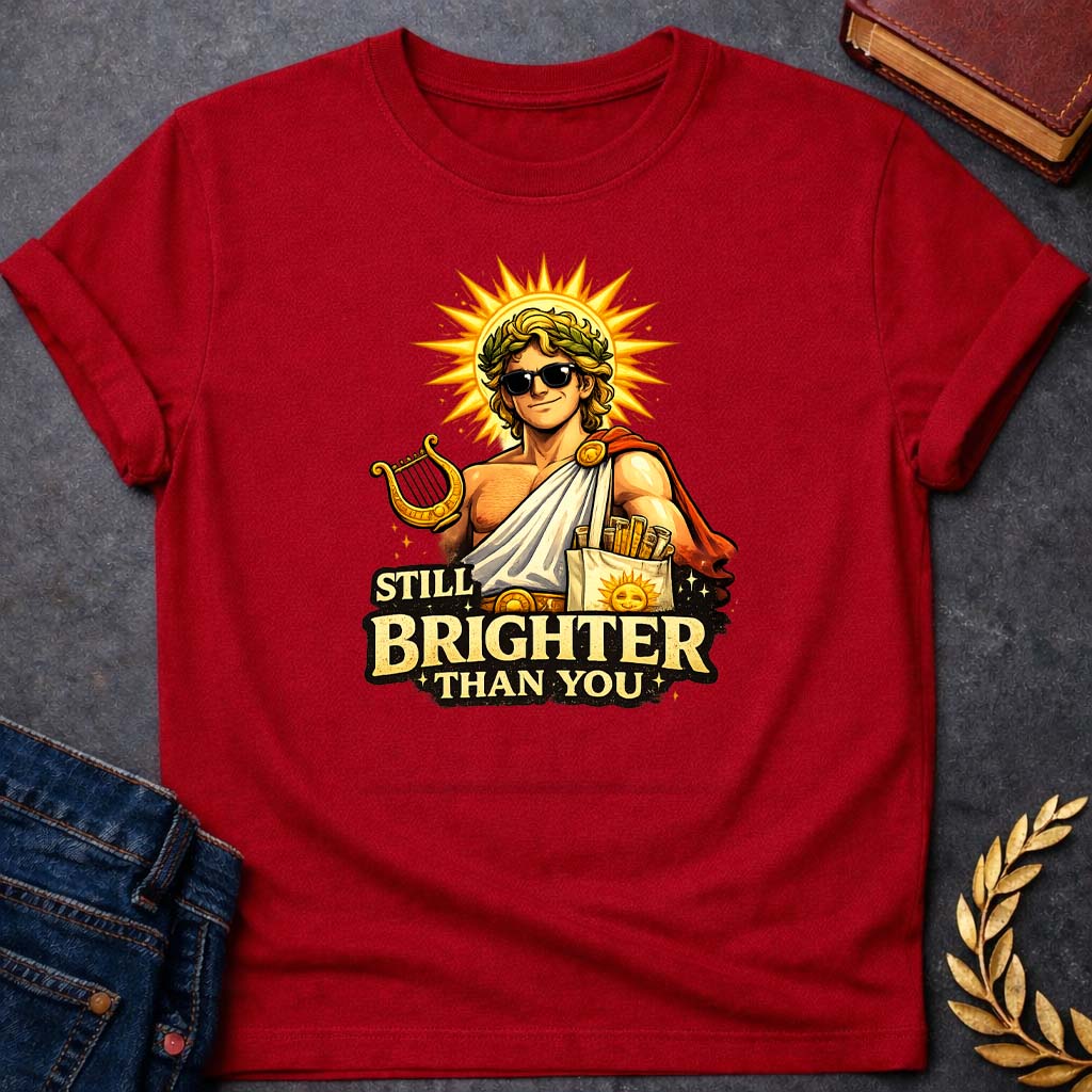 apollo still brighter than you greek mythology unisex softstyle adult t shirt featuring detailed Greek mythology artwork, symbolic design, and bold graphic style