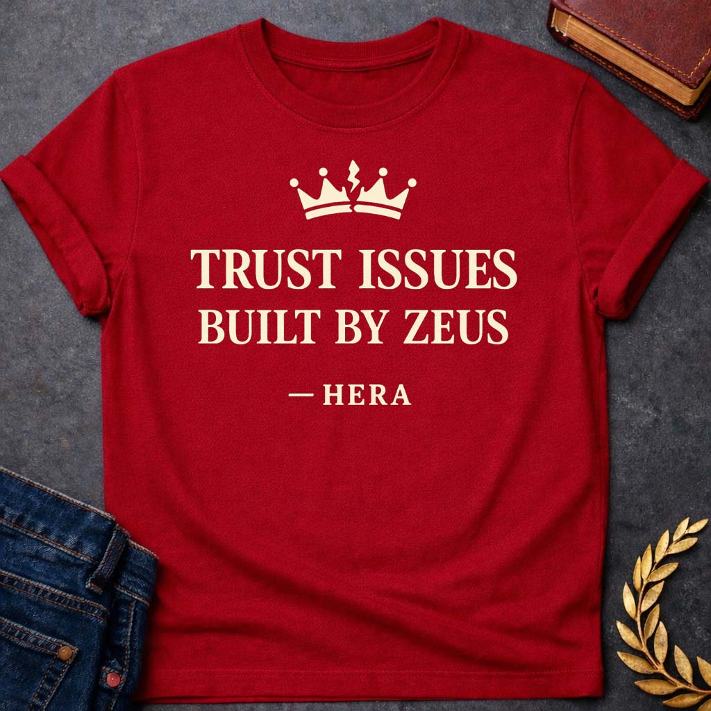 hera trust issues built by zeus greek mythology youth t shirt featuring lightning bolt, sky god power symbolism in bold Greek mythology design
