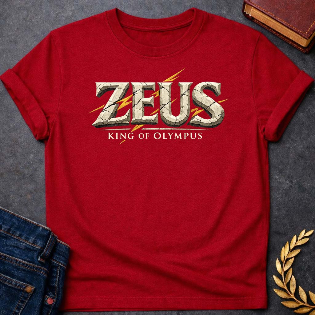 zeus king of olympus greek mythology youth t shirt featuring lightning bolt, sky god power symbolism in bold Greek mythology design