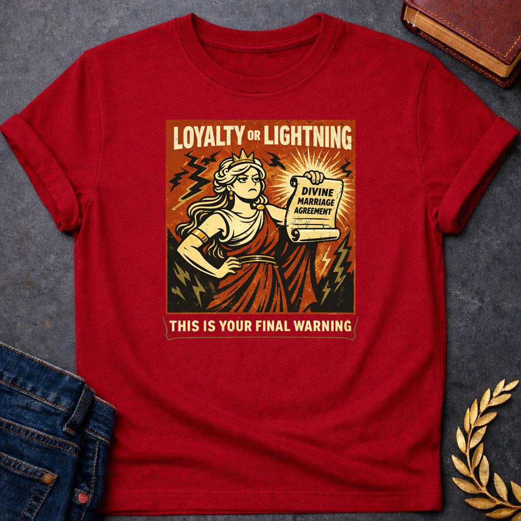 hera loyalty or lightning greek mythology adult t shirt featuring detailed Greek mythology artwork, symbolic design, and bold graphic style