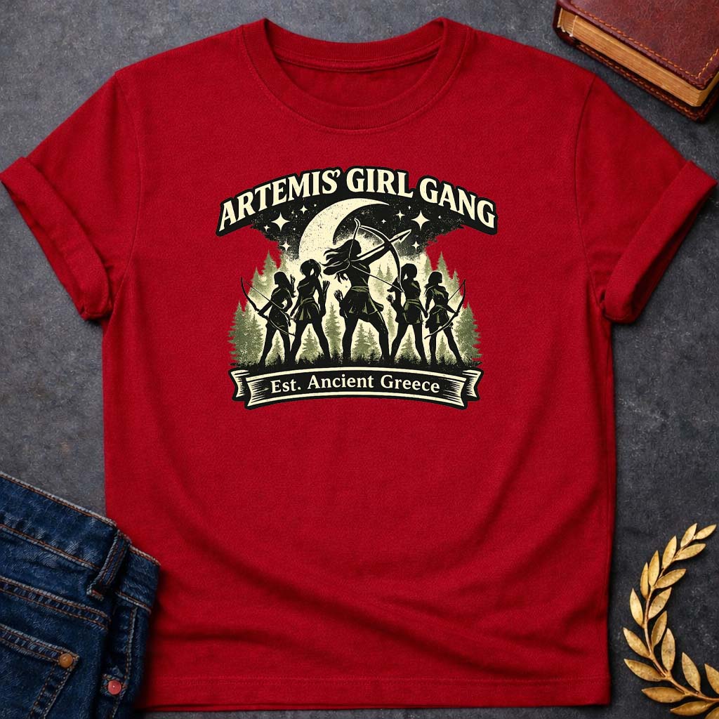 artemis girl gang greek mythology youth t shirt featuring detailed Greek mythology artwork, symbolic design, and bold graphic style