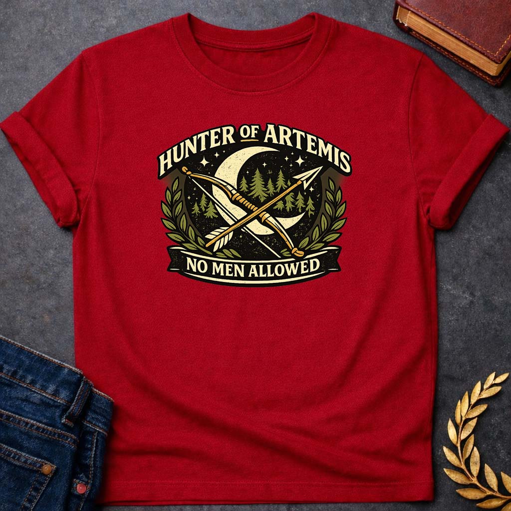 hunter of artemis no men allowed greek mythology adult t shirt featuring detailed Greek mythology artwork, symbolic design, and bold graphic style