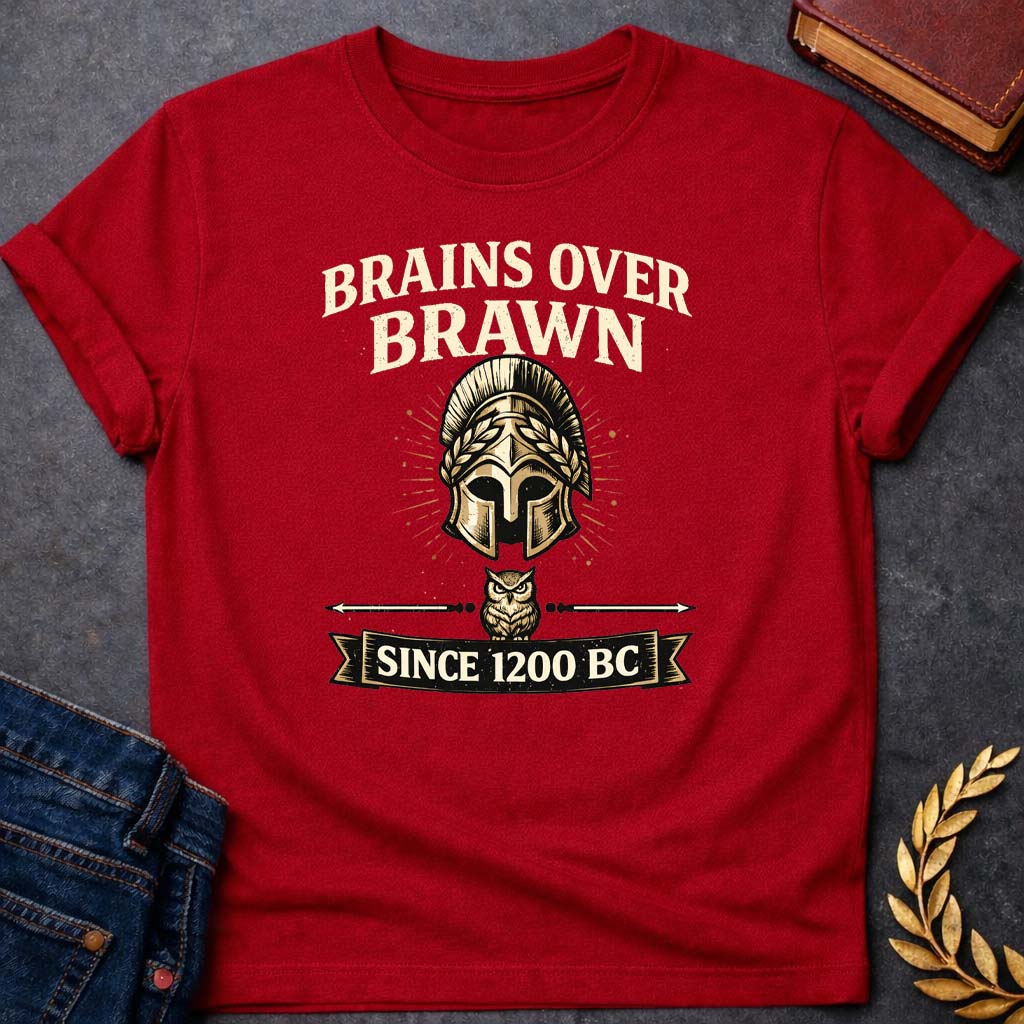 athena brains over brawn greek mythology adult t shirt featuring owl, laurel wreath, wisdom symbolism in vintage Greek mythology design