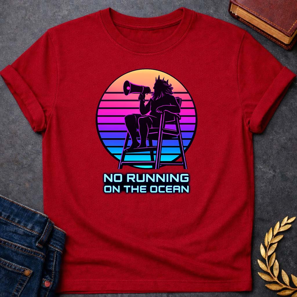 poseidon no running on the ocean greek mythology youth t shirt featuring trident, ocean waves, sea god symbolism in Greek mythology design