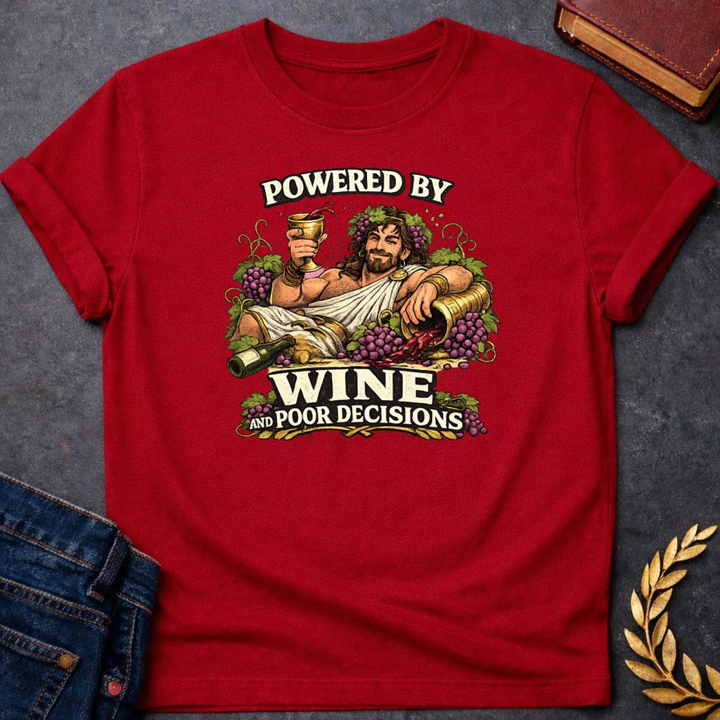 dionysus powered by wine and poor decisions greek mythology adult t shirt featuring detailed Greek mythology artwork, symbolic design, and bold graphic style