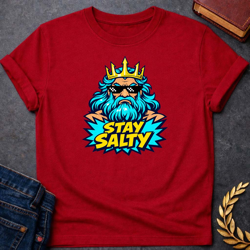 poseidon stay salty greek mythology youth t shirt 1 featuring trident, ocean waves, sea god symbolism in Greek mythology design