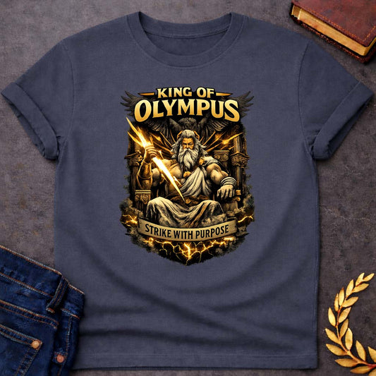 Zeus King of Olympus Strike with Purpose Greek Mythology Adult T-Shirt featuring lightning bolt, sky god power symbolism in bold Greek mythology design