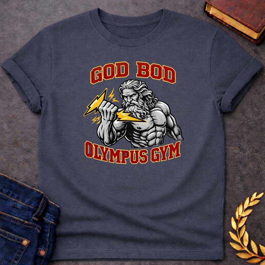Zeus God Bod Olympus Gym Greek Mythology Adult T-Shirt featuring lightning bolt, sky god power symbolism in bold Greek mythology design