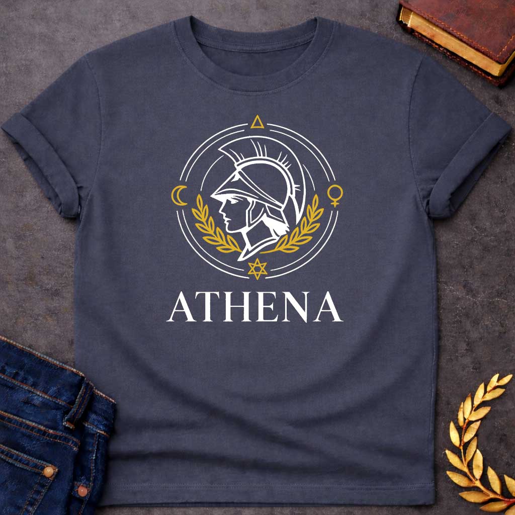 athena minimalist style greek mythology youth shirt featuring owl, laurel wreath, wisdom symbolism in vintage Greek mythology design