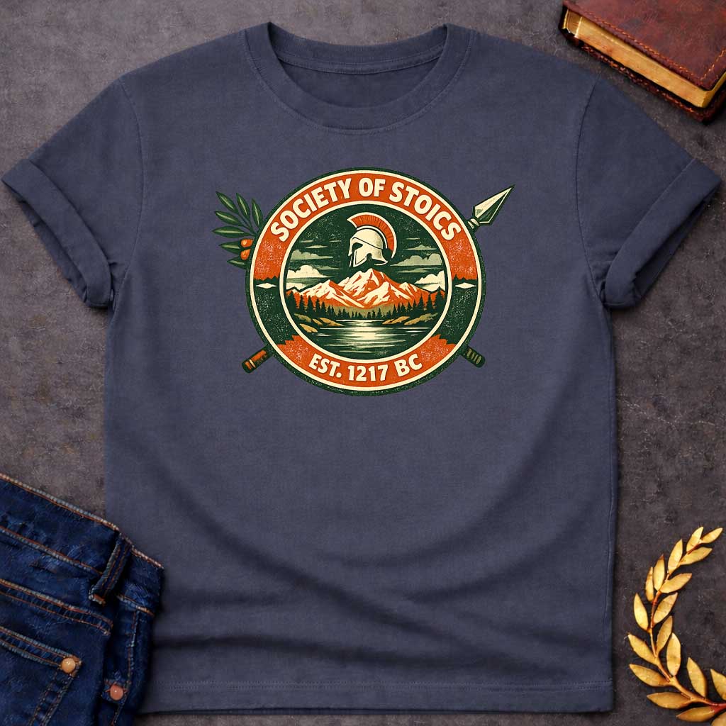 Dark Heather T-shirt graphic featuring a circular vintage badge design with the text "Society of Stoics" arched above and "Est. 1217 BC" below. The center illustration shows a Spartan helmet floating above a mountain landscape with pine trees and a reflective lake, rendered in dark green, orange, and cream tones. Two crossed spears extend behind the badge, with an olive branch decorating the upper left.