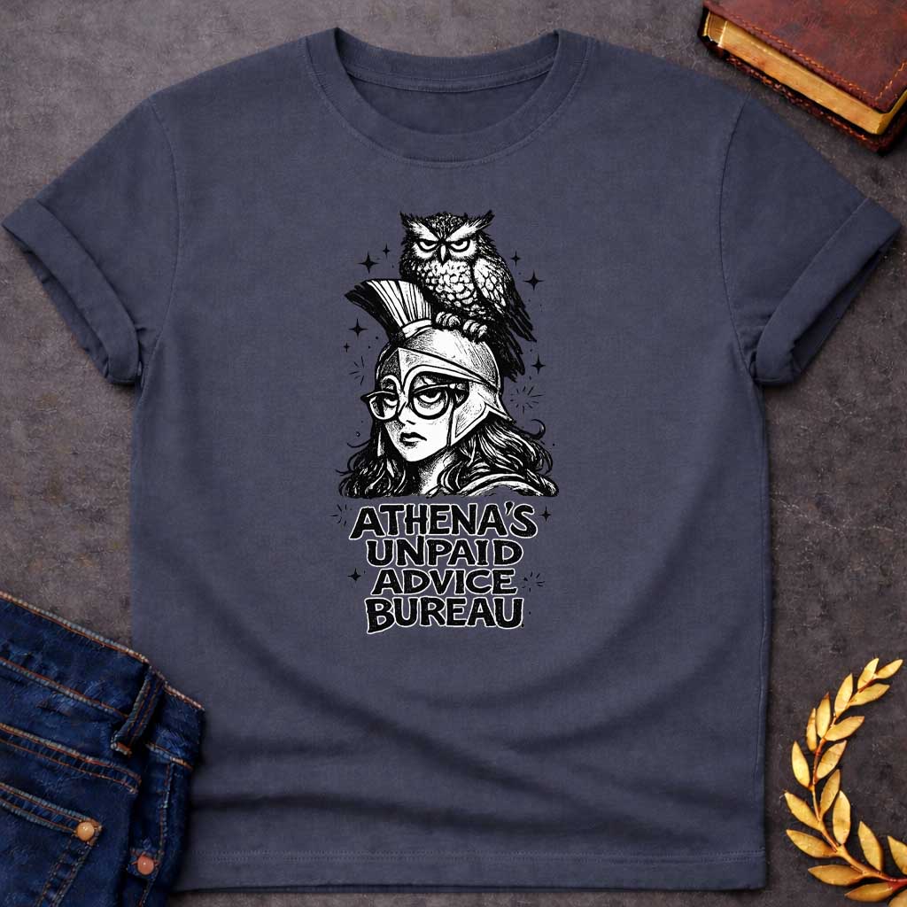 Dark Heather T-shirt graphic in black and white ink style featuring Athena wearing a Corinthian helmet and round glasses, with a stern-looking owl perched on top of her helmet. Bold chunky text below reads "Athena's Unpaid Advice Bureau," with small sparkle details scattered throughout the background