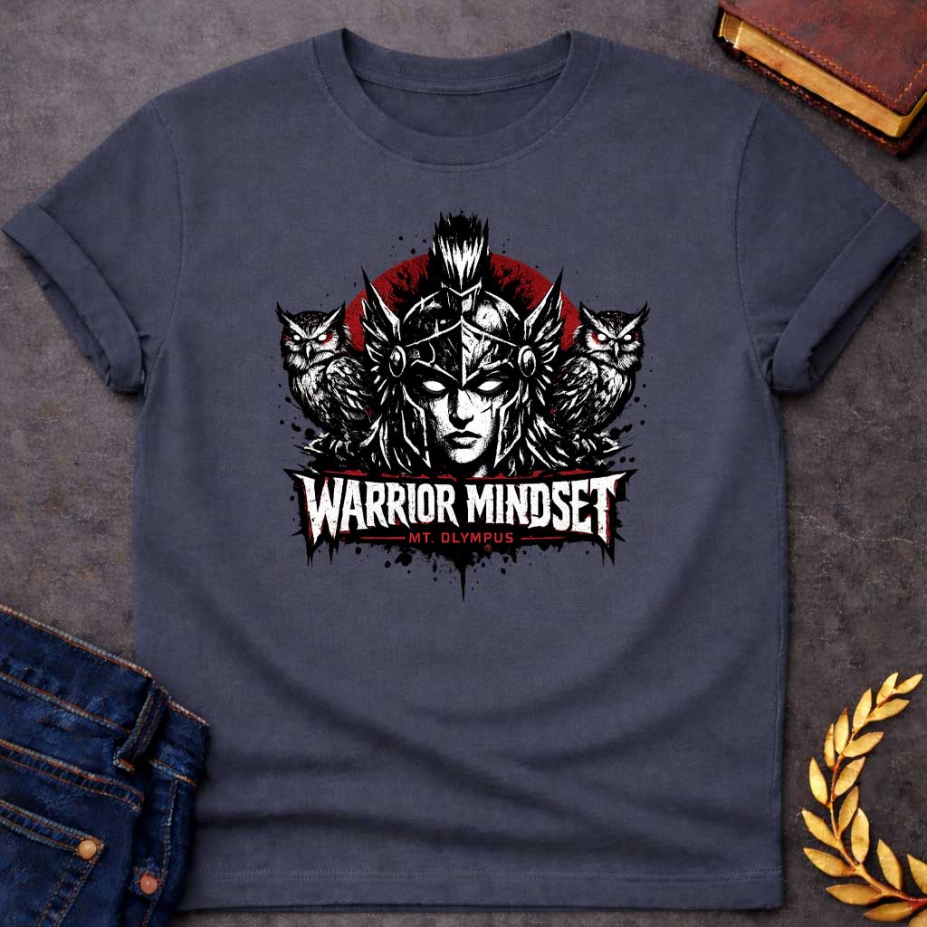 Dark Heather T-shirt graphic in a dark, intense ink style featuring a front-facing illustration of Athena in a winged helmet against a deep red circle, flanked by two owls with glowing red eyes. Bold distressed text below reads "Warrior Mindset" with "Mt. Olympus" in red underneath, in a heavy metal-inspired Greek mythology design rendered in black, white, and red