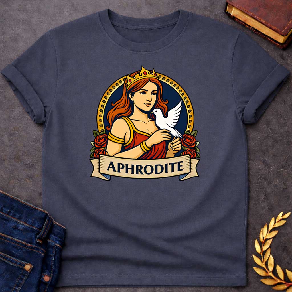 Dark Heather T-shirt graphic featuring a vibrant illustrated portrait of Aphrodite, the Greek Goddess of Love, with flowing red hair and a gold crown, wearing a red draped gown with gold bracelets, cradling a white dove in her hands. She is framed within a gold circular border flanked by red roses, with a scroll banner below reading "Aphrodite," in a bold tattoo-inspired style with navy, gold, and red tones