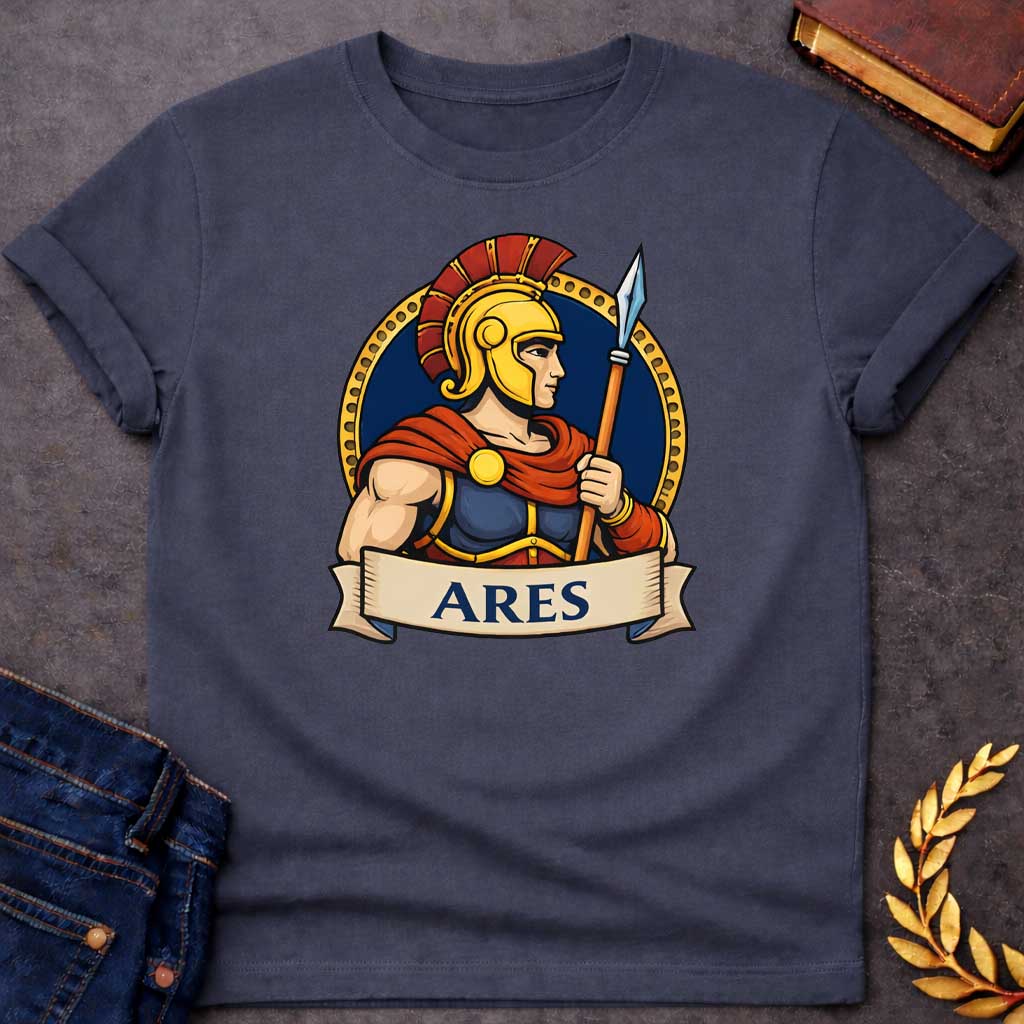 Dark Heather T-shirt graphic featuring a vibrant illustrated portrait of Ares, the Greek God of War, shown in side profile wearing a gold Corinthian helmet with a red plume, blue and gold armor, and a flowing red cape fastened with a gold brooch, holding a spear upright. He is framed within a gold circular border against a navy background, with a scroll banner below reading "Ares," in a bold tattoo-inspired style with navy, gold, and red tones