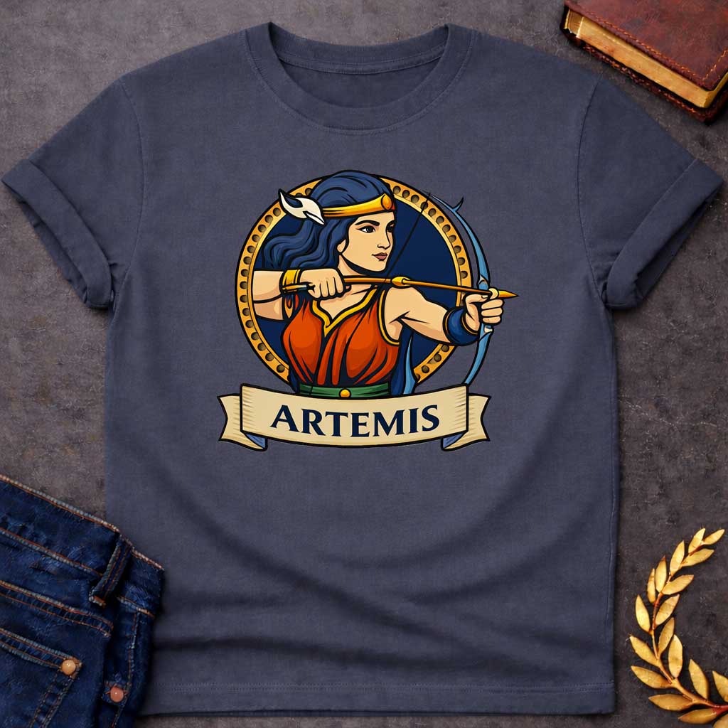 Dark Heather T-shirt graphic featuring a vibrant illustrated portrait of Artemis, the Greek Goddess of the Hunt, with long dark blue hair and a gold headband adorned with a white crescent moon, wearing a red and blue draped gown with a green belt, drawn back in a dynamic archery pose with a bow and arrow aimed forward. She is framed within a gold circular border against a navy background, with a scroll banner below reading "Artemis," in a bold tattoo-inspired style with navy, gold, and red tones