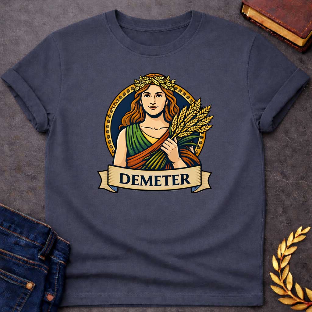 Dark Heather T-shirt graphic featuring a vibrant illustrated portrait of Demeter, the Greek Goddess of the Harvest, with long wavy red hair and a golden wheat wreath crown, wearing a layered green, orange, and yellow draped robe, holding a bundle of golden wheat stalks. She is framed within a gold circular border against a navy background, with a scroll banner below reading "Demeter," in a bold tattoo-inspired style with navy, gold, and earth tones