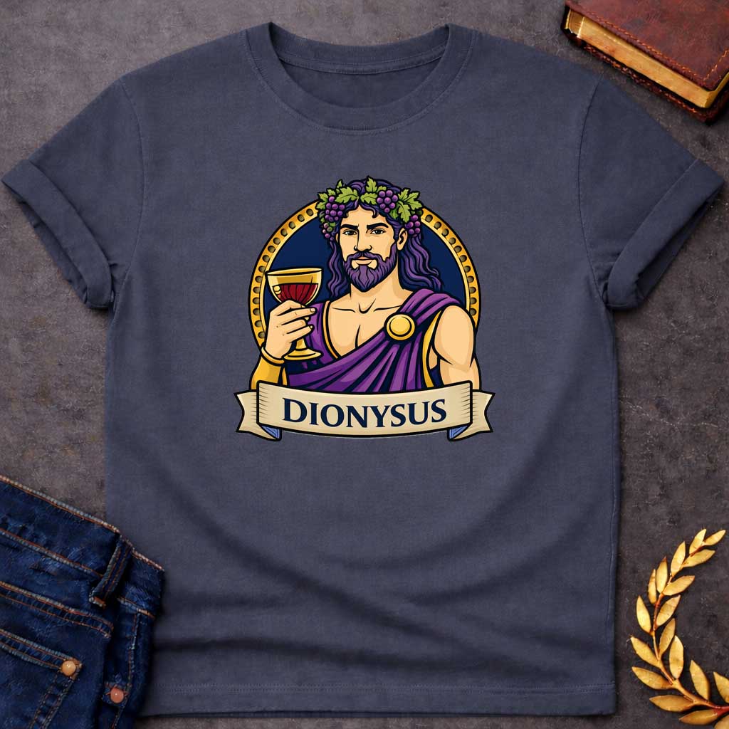 Dark Heather T-shirt graphic featuring a vibrant illustrated portrait of Dionysus, the Greek God of Wine, with long wavy purple hair and a beard, wearing a grape vine and leaf crown adorned with clusters of purple grapes, dressed in a purple draped robe fastened with a gold brooch, raising a golden goblet filled with red wine. He is framed within a gold circular border against a navy background, with a scroll banner below reading "Dionysus," in a bold tattoo-inspired style with navy, gold, and purple tones