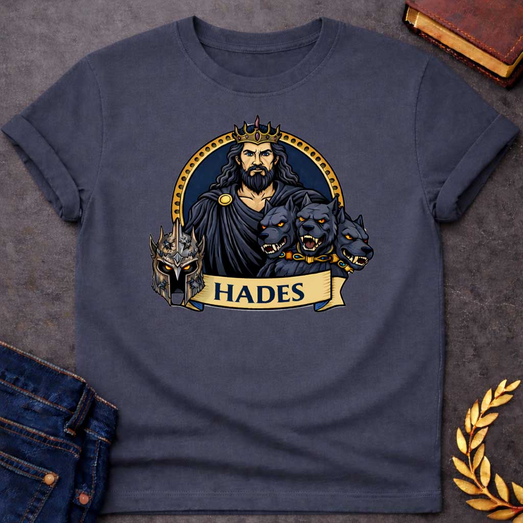 Dark Heather T-shirt graphic featuring a vibrant illustrated portrait of Hades, the Greek God of the Underworld, with long dark wavy hair and a beard, piercing blue eyes, wearing a dark hooded cloak fastened with a gold brooch and a jeweled gold crown. He is flanked by the three snarling heads of Cerberus wearing a gold and gemstone collar, with a dark battle helmet displayed to the left. He is framed within a gold circular border against a navy background, with a scroll banner below reading "Hades," in a b