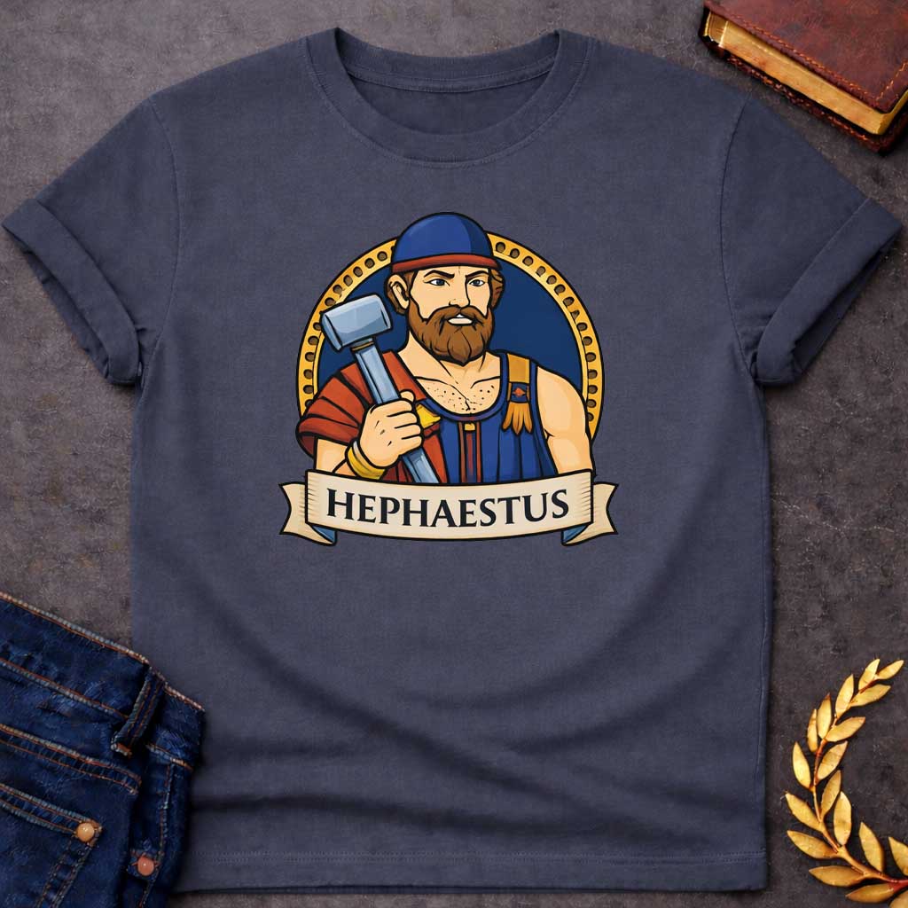 Dark Heather T-shirt graphic featuring a vibrant illustrated portrait of Hephaestus, the Greek God of the Forge, depicted as a muscular bearded man with a full red-brown beard, wearing a blue workman's tunic with gold suspenders and a blue cap with a red brim, holding a large silver smith's hammer over his shoulder with soot marks on his chest. He is framed within a gold circular border against a navy background, with a scroll banner below reading "Hephaestus," in a bold tattoo-inspired style with navy, gol