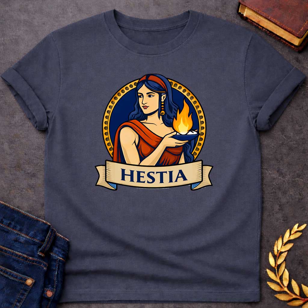 Dark Heather T-shirt graphic featuring a vibrant illustrated portrait of Hestia, the Greek Goddess of the Hearth, with long dark blue wavy hair and a red headband, wearing gold drop earrings and a red draped robe, gently cradling a blue oil lamp with a glowing flame in her outstretched hands. She is framed within a gold circular border against a navy background, with a scroll banner below reading "Hestia," in a bold tattoo-inspired style with navy, gold, and red tones