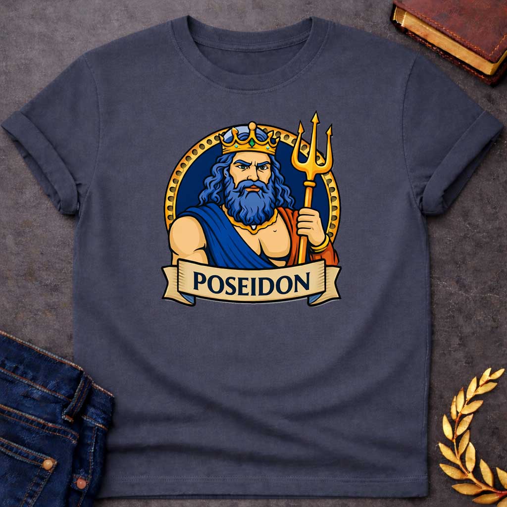 Dark Heather T-shirt graphic featuring a vibrant illustrated portrait of Poseidon, the Greek God of the Sea, as a powerful muscular man with long wavy blue hair and a full blue beard, wearing a gold jeweled crown and a blue and red draped robe with a gold necklace, gripping a large golden trident. He is framed within a gold circular border against a navy background, with a scroll banner below reading "Poseidon," in a bold tattoo-inspired style with navy, gold, and blue tones