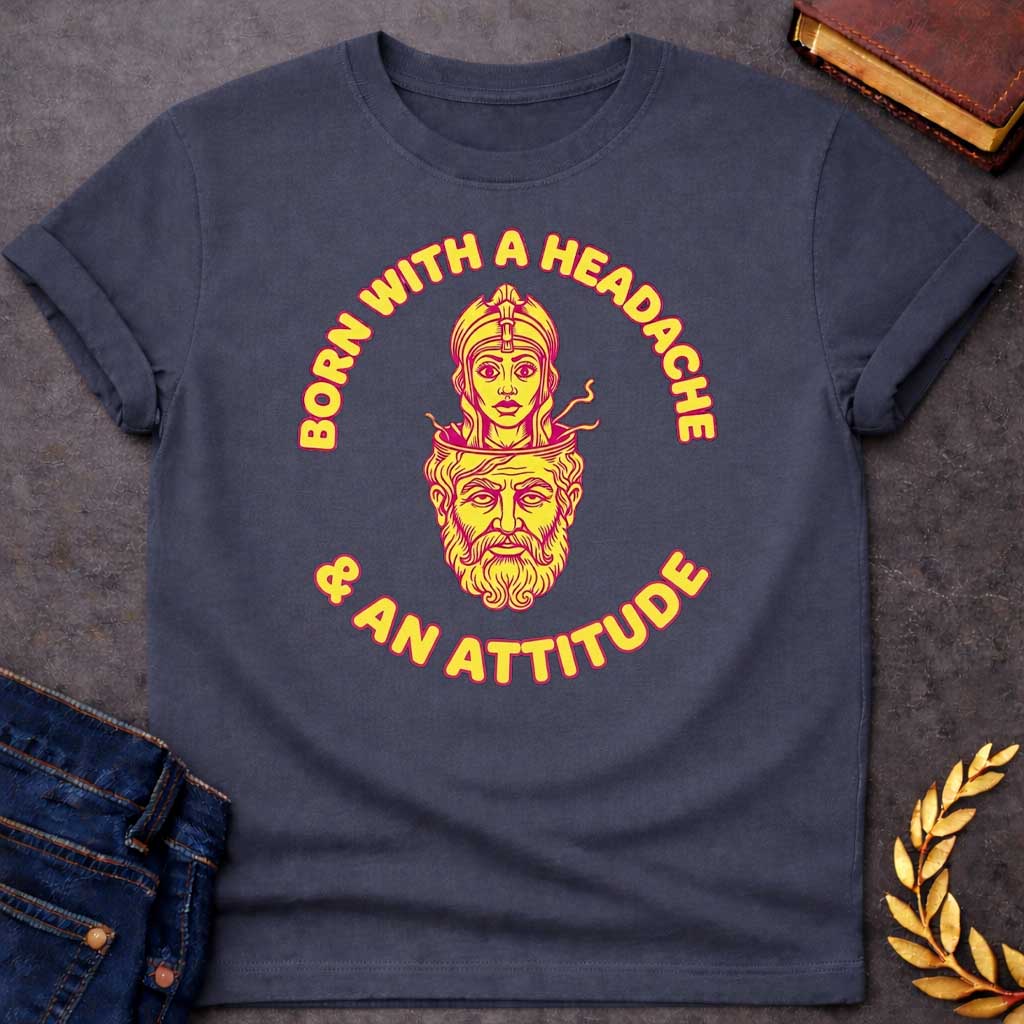 Dark Heather T-shirt graphic in yellow and pink featuring a retro illustration of Athena emerging from the split-open head of Zeus, depicted as a bearded older man with his cranium open at the top. Bold rounded yellow text with pink outline curves around the circular design reading "Born with a Headache" arched above and "& an Attitude" arched below — a humorous reference to the Greek myth of Athena's birth, in a vintage biker patch style set