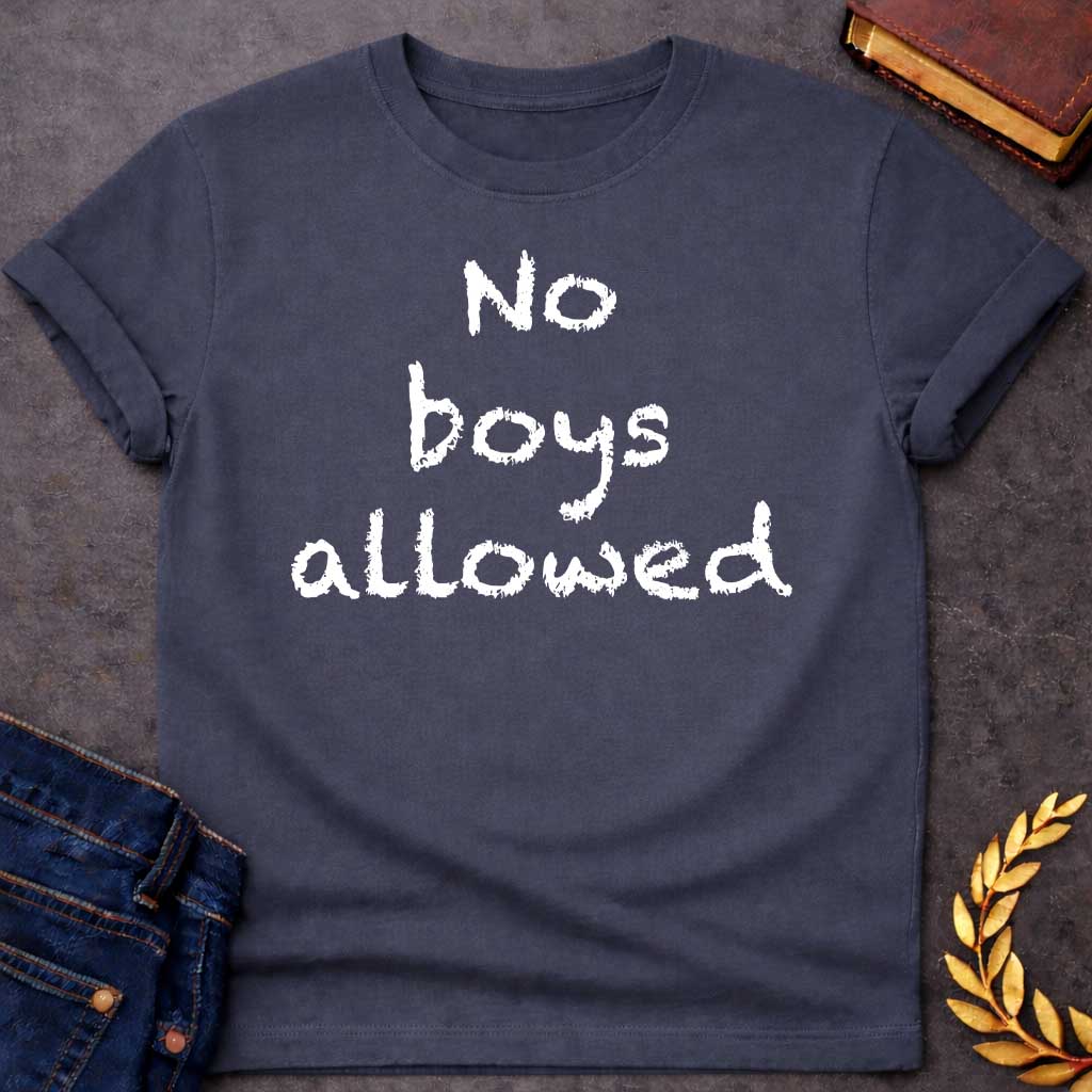 Dark Heather T-shirt graphic in white text featuring rough hand-carved or bark-textured text reading "No boys allowed" a humorous nod to Artemis, the Greek Goddess of the Hunt and sworn virgin goddess who famously rejected male company