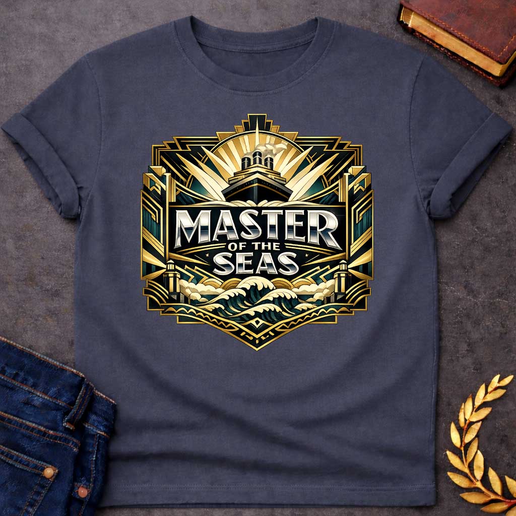 Dark Heather T-shirt graphic featuring a lavish Art Deco shield-shaped badge design in dark teal, gold, and silver. A ocean liner ship emerges from sunburst rays at the top, above bold silver chrome text reading "Master of the Seas" centered on a dark background, with stylized crashing gold and teal waves below and ornate geometric architectural columns flanking the sides — referencing Poseidon, the Greek God of the Sea
