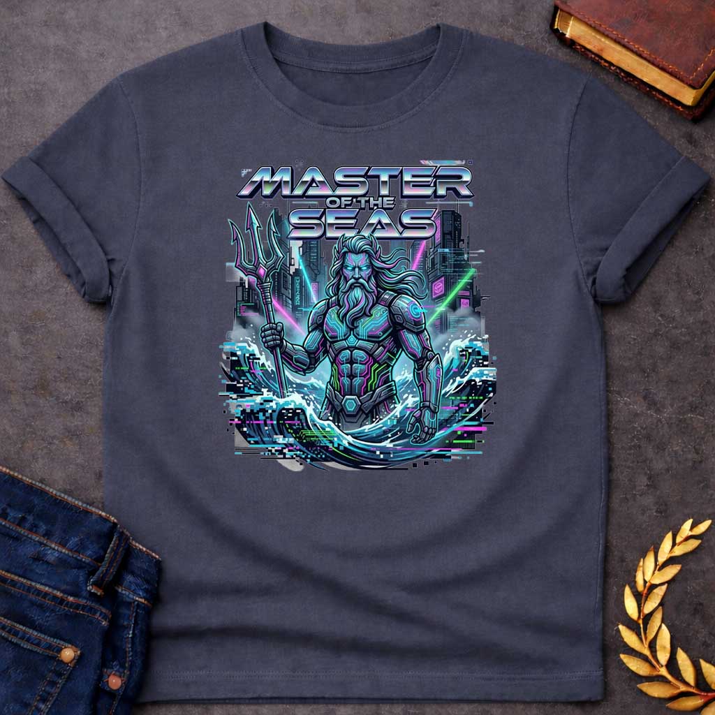 Dark Heather T-shirt graphic featuring a cyberpunk reimagining of Poseidon, the Greek God of the Sea, depicted as a powerful bearded figure in glowing neon-lit futuristic armor with circuit board detailing, wielding a high-tech trident, rising from crashing waves against a dark dystopian cityscape backdrop with glitch effects and pixel artifacts. Bold chrome holographic text arched above reads "Master of the Seas" in a retro-futuristic font, rendered in neon teal, purple, and green tones,