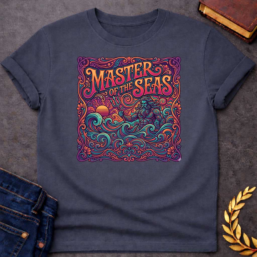 Dark Heather T-shirt graphic featuring a vibrant psychedelic 1970s-inspired illustration of Poseidon, the Greek God of the Sea, rising from swirling ornate waves while holding a trident, with a retro sunset on the left, all enclosed in an intricate decorative scrollwork and floral border. Bold groovy hand-lettered text arched across the top reads "Master of the Seas" in orange and teal, rendered in a rich kaleidoscopic palette of teal, orange, purple, and pink