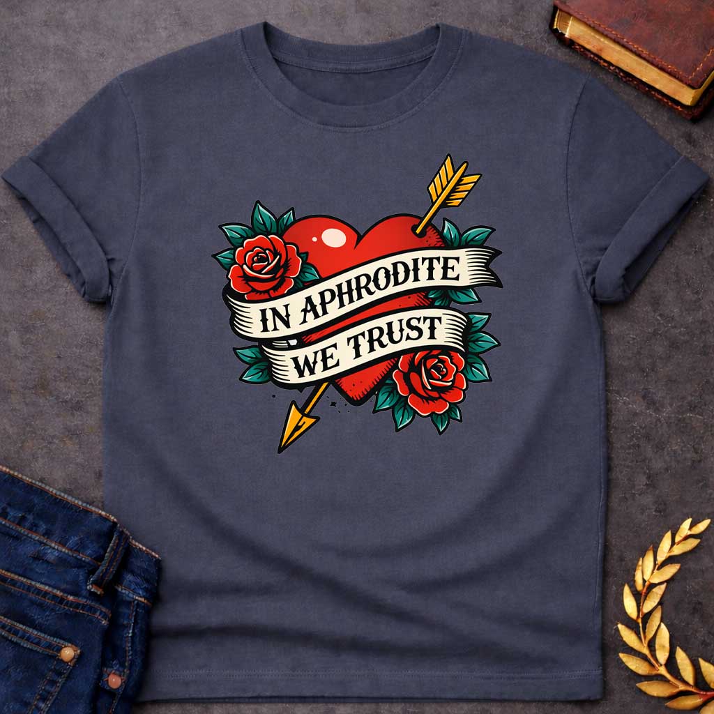 Dark Heather T-shirt graphic in a classic American traditional tattoo style featuring a bold red heart pierced diagonally by a gold arrow, flanked by two red roses with teal green leaves, with a cream scroll banner wrapped around the heart reading "In Aphrodite We Trust" in black serif text — referencing Aphrodite, the Greek Goddess of Love, and Eros whose golden arrow inspired love