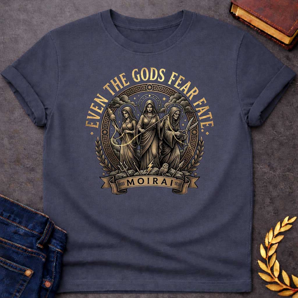 Dark Heather T-shirt graphic featuring a detailed vintage engraving-style circular badge design in gold and dark brown tones. Three robed figures representing the Moirai, the Greek Fates, stand together at the center — the first holding a spindle and thread, the middle holding a measuring rod with a lightning bolt at her feet, and the eldest holding scissors poised to cut — with an owl perched below them, framed by a Greek meander border, laurel branches, and divine halos. Gold distressed text arches above 