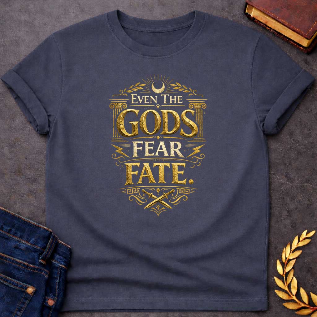 Dark Heather t-shirt featuring a high-contrast, mythic gold design. The text reads 'EVEN THE GODS FEAR FATE.' in distressed, 3D chiseled gold letters. The typography is framed by Greek architectural elements: an Ionic column on each side, a top crescent moon with laurel branches, jagged lightning bolts, and a bottom section with crossed ancient daggers above a Greek key pattern. The overall aesthetic resembles weathered, metallic ancient stone carvings, creating a vintage and powerful look.