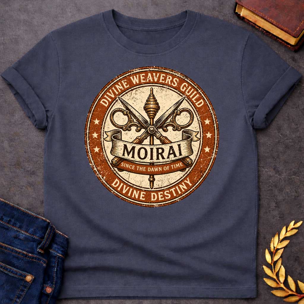 Dark Heather T-shirt graphic featuring a distressed vintage trade guild seal design in burnt orange, cream, and dark brown. A central spindle crossed with ornate decorative scissors forms the badge's main emblem, with a scroll banner reading "Moirai" and a smaller ribbon below reading "Since the Dawn of Time." The outer ring reads "Divine Weavers Guild" arched above and "Divine Destiny" arched below, with small stars evenly spaced around the border, rendered in a weathered aged stamp style,