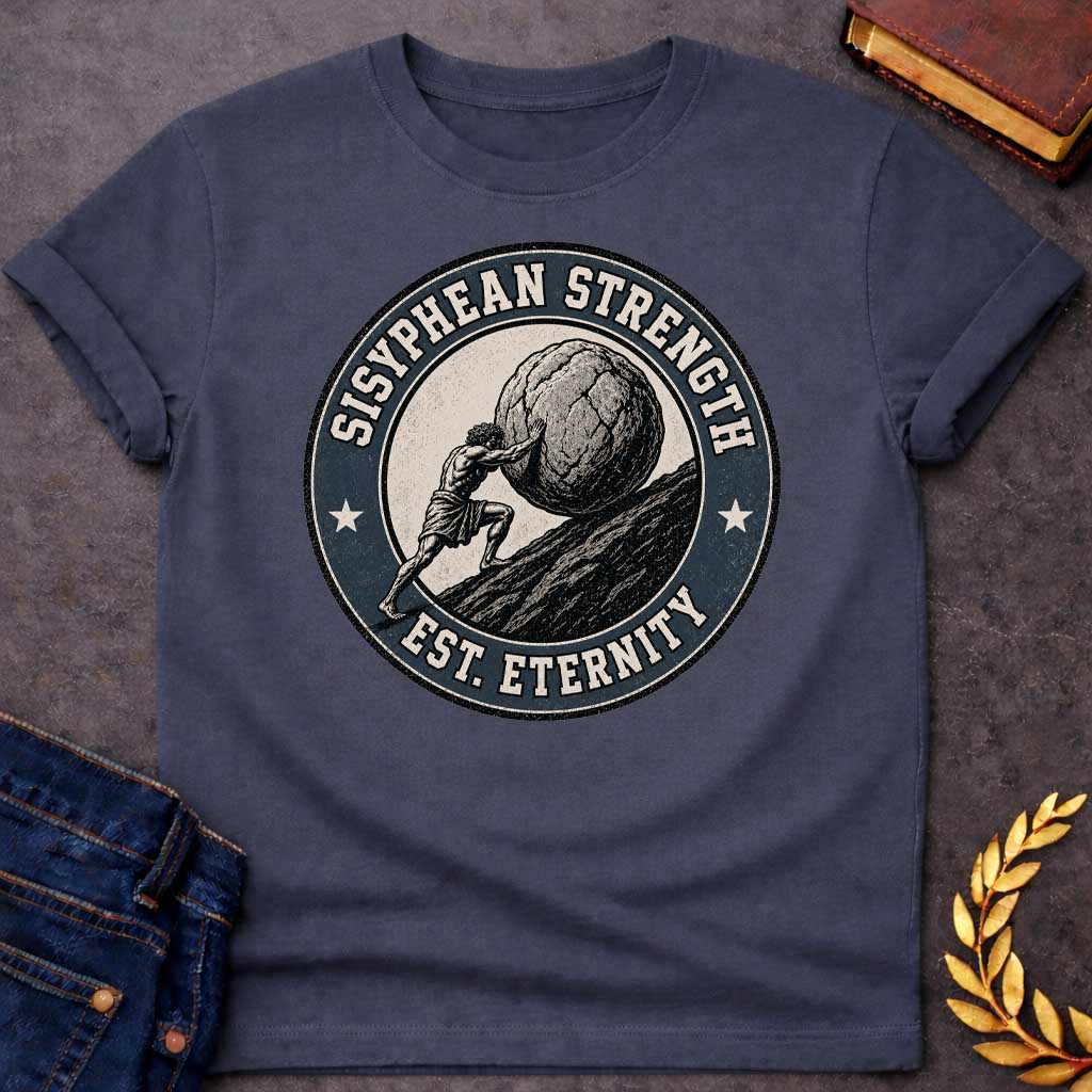 Dark Heather T-Shirt with a circular, vintage-style badge design.  The illustration features a woodcut-style depiction of Sisyphus pushing a massive boulder up a steep, rocky hill. Encircling the artwork is a dark blue, textured border with the text "SISYPHEAN STRENGTH" arched at the top and "EST. ETERNITY" at the bottom, accented by a small white star on either side