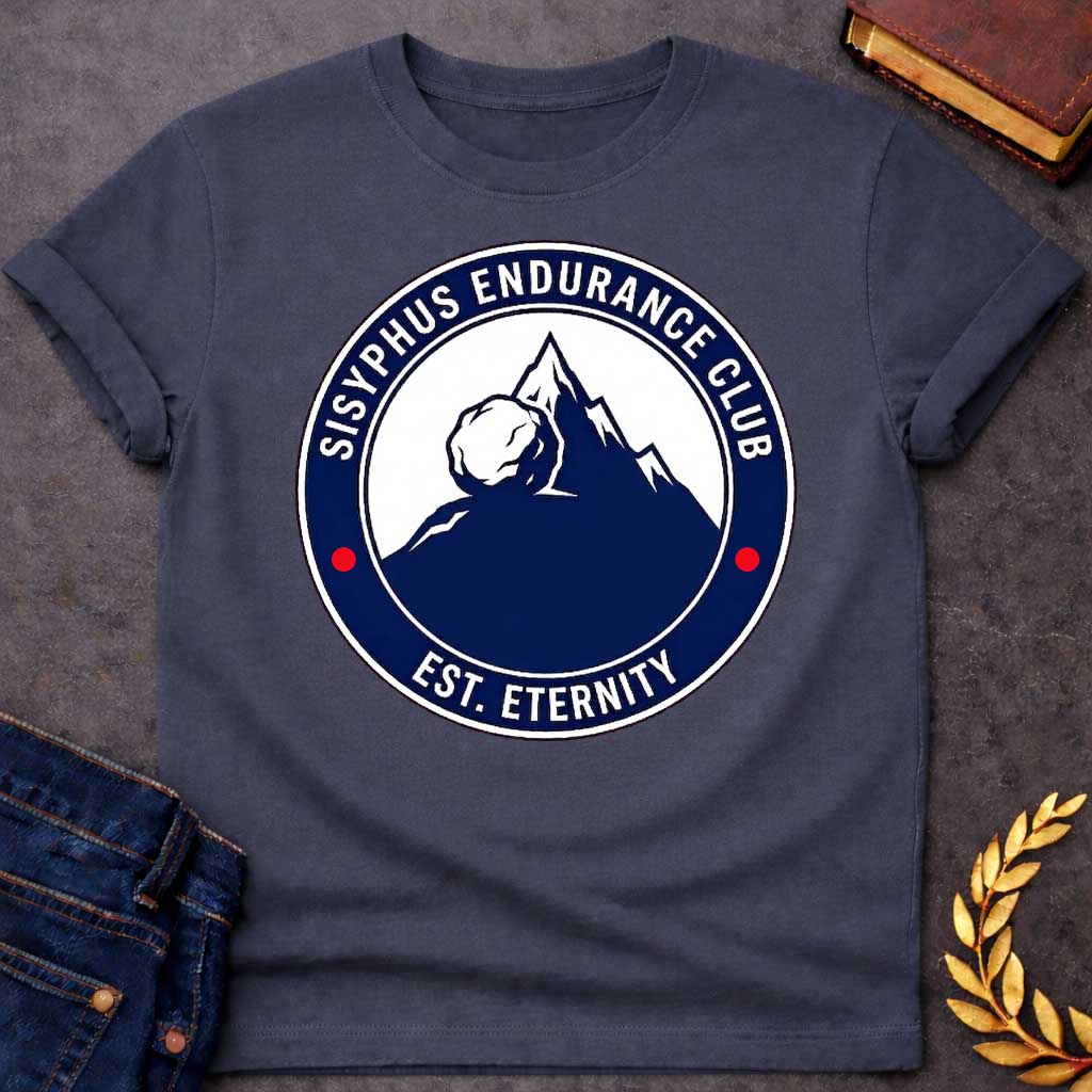 Dark Heather T-Shirt with a circular, emblem-style graphic design. The center features a dark blue silhouette of a mountain with a large boulder resting near the peak. Surrounding this illustration is a dark blue ring with white text that reads "SISYPHUS ENDURANCE CLUB" arched at the top and "EST. ETERNITY" at the bottom, with two small red dots separating the text on the sides.