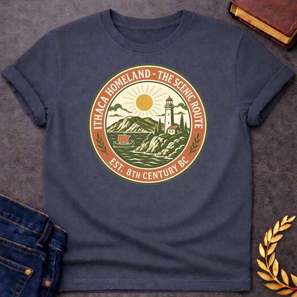 Dark Heather T-Shirt with a Circular badge design for Ithaca Homeland - The Scenic Route, established 8th Century BC. The vintage-style emblem features a coastal Mediterranean landscape with a lighthouse, small white building with red roof, cypress trees, and rolling hills in the background. A golden sun with radiating rays shines above the scene, while stylized waves crash in the foreground. A traditional Greek ship with an orange sail floats on the water. The design uses an earthy color palette of olive g