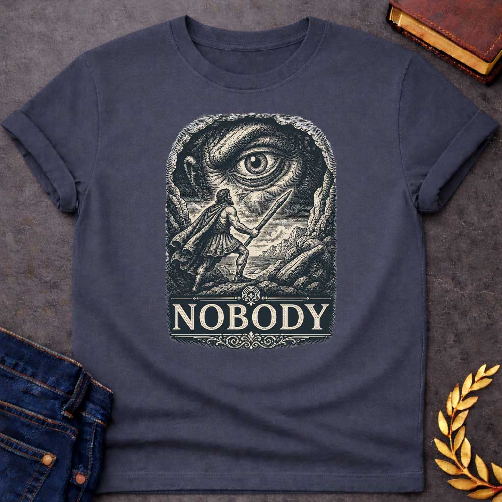 Dark Heather T-Shirt with a Vintage engraving illustration of Odysseus confronting Polyphemus the Cyclops. A Greek warrior in armor wields a wooden stake, facing an enormous eye that dominates the composition. The scene is rendered in intricate crosshatching with cream and dark blue-black tones. At the bottom, ornate typography spells 'NOBODY' in classical serif letters, referencing Odysseus's famous trick of calling himself 'Nobody' to escape the Cyclops. 