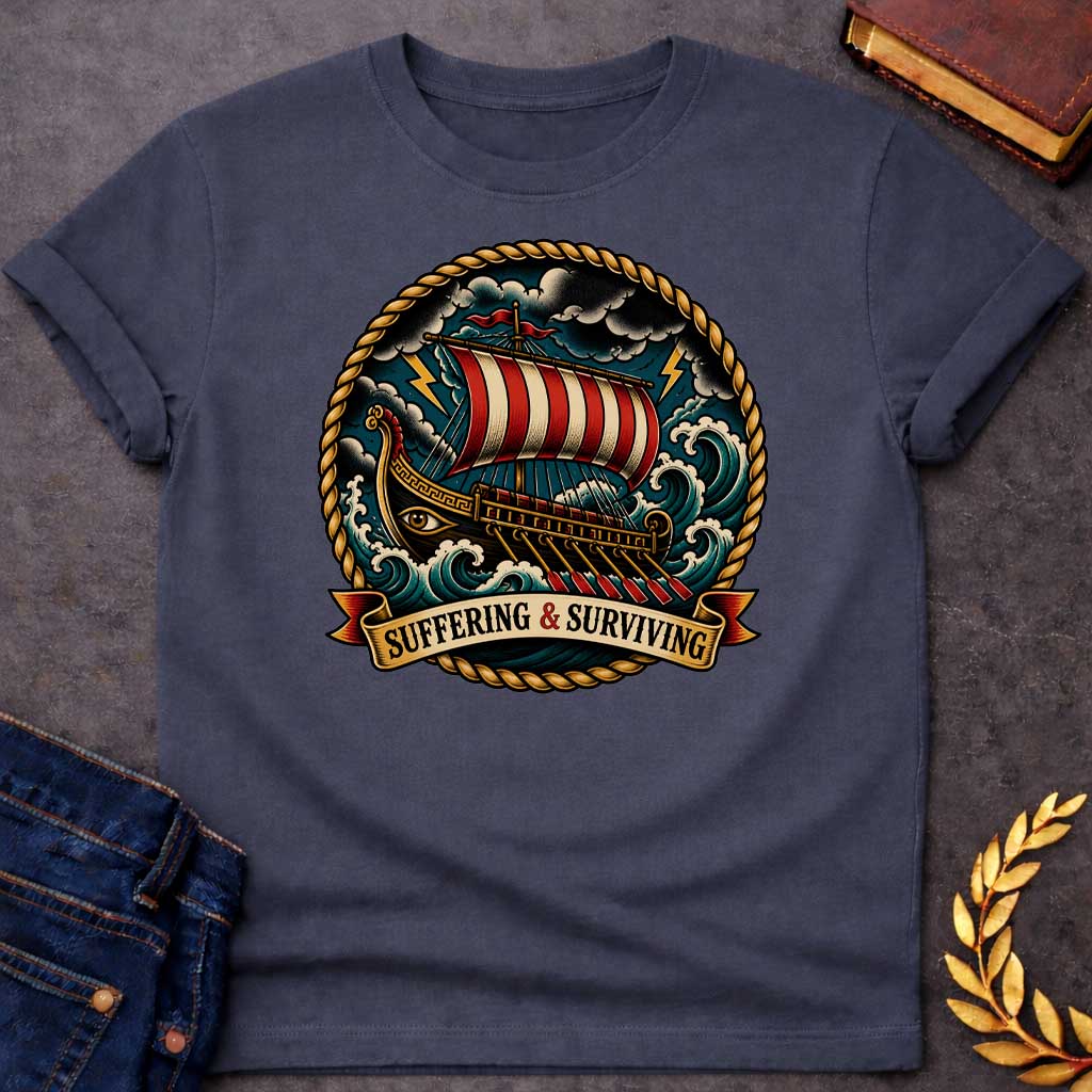 Dark Heather T-Shirt with a traditional tattoo-style illustration of a Greek warship battling through a storm at sea, enclosed in a circular rope border. The vessel features an eye on its dark hull, red and cream striped sail, and multiple oars. The ship navigates turbulent teal waves under stormy skies with yellow lightning bolts. A ribbon banner reads 'SUFFERING & SURVIVING.' Rendered in bold vintage tattoo aesthetic with deep teals, reds, golds, and blacks, emphasizing perseverance through adversity.