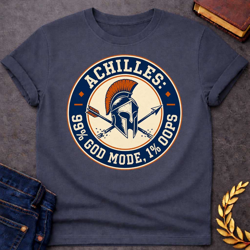 Dark Heather T-Shirt with a circular badge design in navy blue, cream, and burnt orange featuring a Greek Corinthian helmet with orange horsehair crest, crossed by two arrows. Styled like a vintage achievement badge. Text reads 'ACHILLES:' at top, '99% GOD MODE, 1% OOPS' at bottom. Humorously references Achilles and his famous vulnerability—his heel—suggesting he was nearly invincible (99% in 'god mode') except for one fatal weakness (1% 'oops'). Distressed, retro aesthetic mimics vintage sports or gaming b