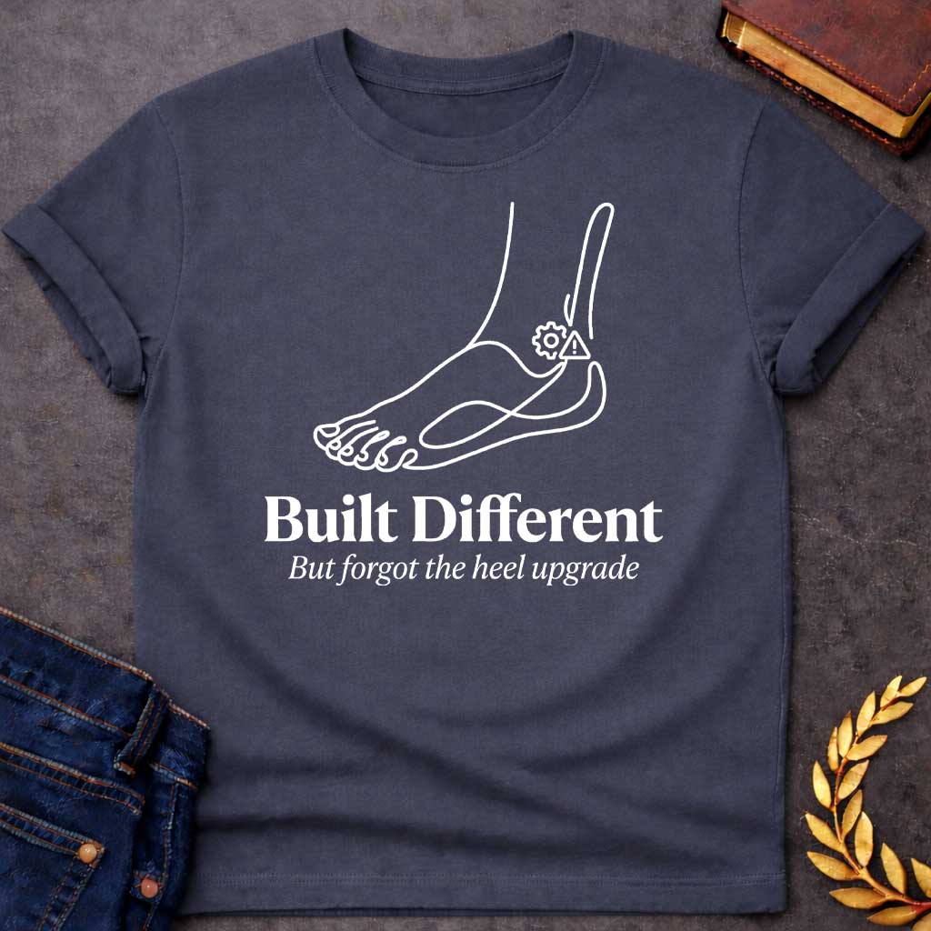 Dark Heather T-Shirt with a minimalist line drawing of a human foot and ankle in dark gray profile, with a gear and a warning triangle icon near the heel. Below, bold serif text reads 'Built Different' and italicized text says 'But forgot the heel upgrade.' This design is a humorous, modern take on the myth of Achilles, playing on the slang 'built different' while joking that the hero's famous weakness was like a manufacturing defect or a forgotten software update 