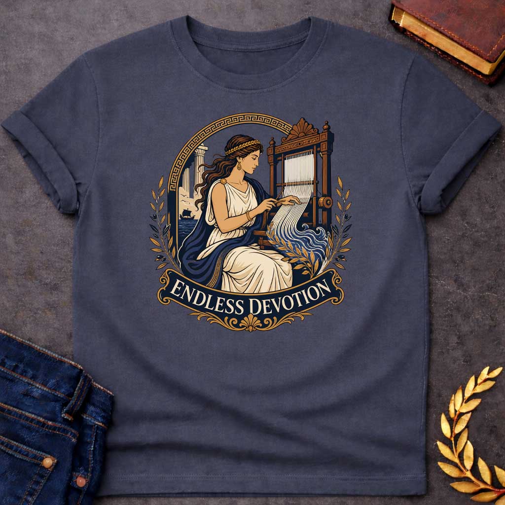 Dark Heather T-Shirt with a classical illustration of Penelope from Greek mythology, seated at an ornate wooden loom, weaving. She wears a cream chiton with navy blue drape and a golden laurel crown, with long wavy brown hair. Behind her, a Greek temple column and ship at sea are visible. The scene is framed by a Greek key pattern arch and olive branches. An ornate banner below reads 'ENDLESS DEVOTION.' Rich colors of navy, cream, gold, and brown depict Penelope's faithful waiting for Odysseus' return.