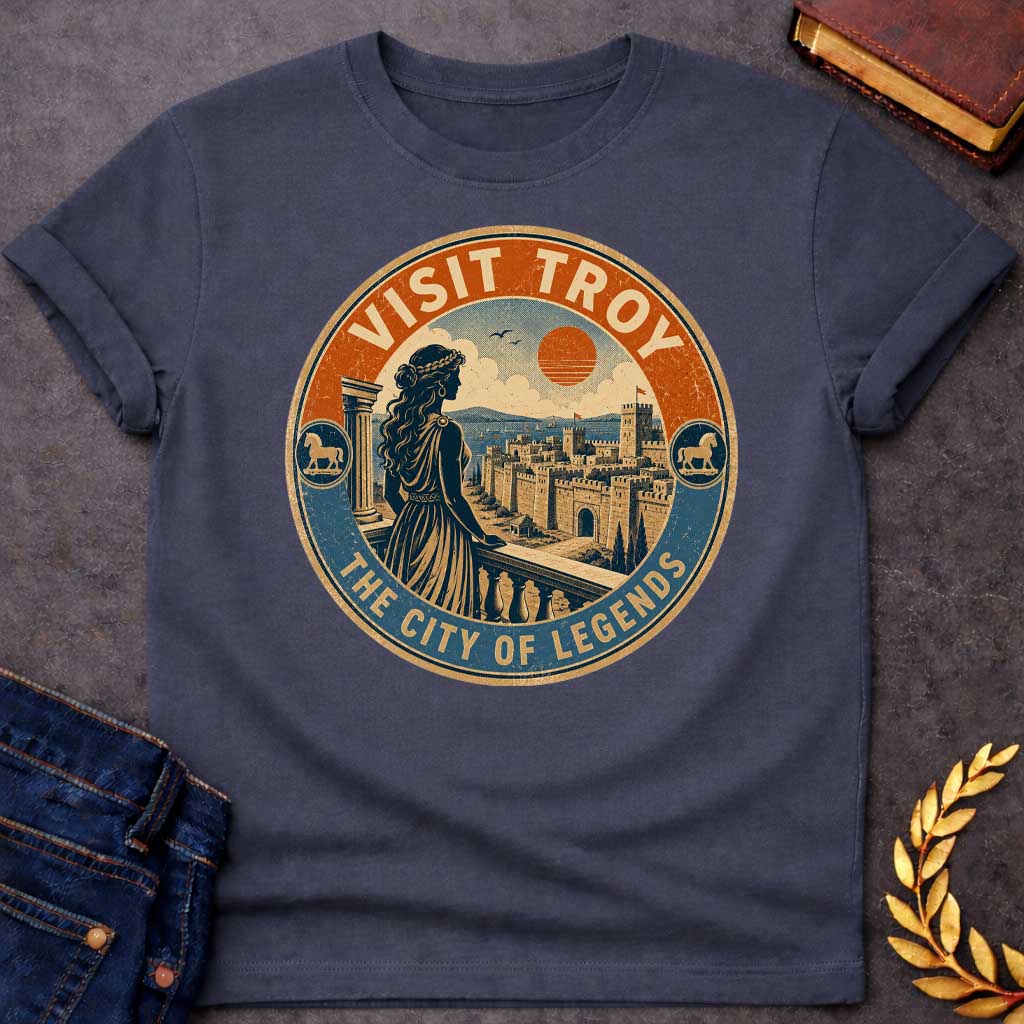 Dark Heather T-shirt with a vintage, distressed travel-badge style design. A woman in a Greek dress stands on a balcony, looking out at the walled city of Troy, the sea, and a setting orange sun. The circular logo has a textured cream, orange, and blue color palette. The top border reads "VISIT TROY" and the bottom reads "THE CITY OF LEGENDS." Small circular icons featuring the Trojan Horse accent both sides of the frame.