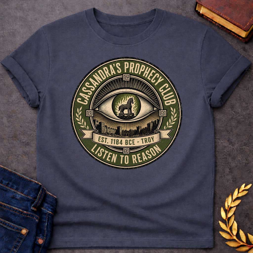 Dark Heather T-shirt with a Vintage circular badge in olive green, cream, and black featuring an all-seeing eye at center with the Trojan Horse surrounded by flames in the pupil. Below the eye are the walls of Troy. Text reads 'CASSANDRA'S PROPHECY CLUB' around the top arc, 'EST. 1184 BCE - TROY' on a banner, and 'LISTEN TO REASON' along the bottom. Wheat sheaves and Greek key patterns decorate the sides. Distressed texture. References Cassandra's ignored warnings about the Trojan Horse.