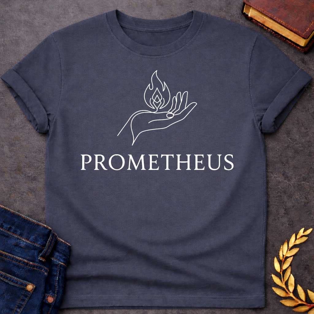 Dark Heather T-shirt with a Minimalist white line art illustration of an open hand holding a stylized flame above the palm. The continuous line drawing shows graceful fingers and a geometric fire symbol representing the gift of fire. Below, elegant serif text reads 'PROMETHEUS' in black. Clean, modern design references the Greek Titan who stole fire from the gods to give to humanity. Simple, symbolic imagery celebrating knowledge, innovation, and defiance of authority.