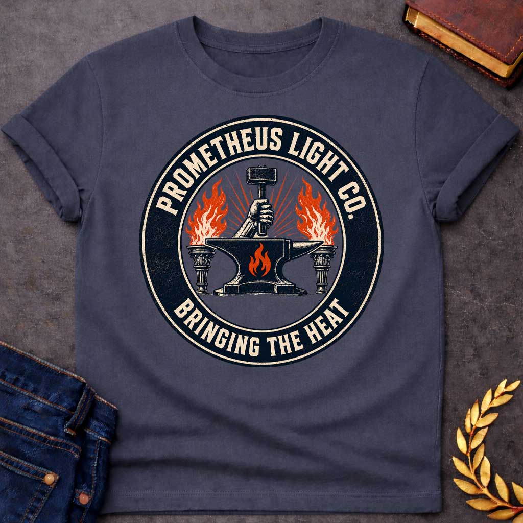 Dark Heather T-shirt with a vintage, distressed trade-logo style t-shirt design. The central graphic features a hand holding a blacksmith's hammer above a black anvil marked with an orange flame, flanked by two burning torches. A thick, dark circular frame encloses the scene, with cream-colored block text reading "PROMETHEUS LIGHT CO." arched along the top and the tagline "BRINGING THE HEAT" arched along the bottom